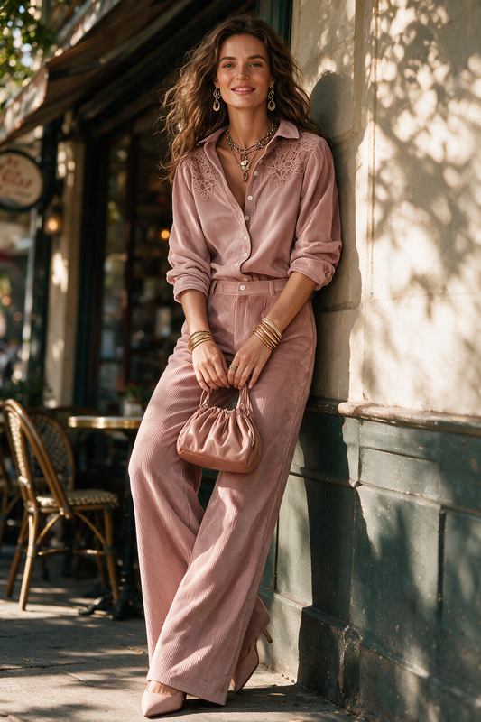 Conjunto boho de camisa de pana con encaje y pantalón ancho - Rosa