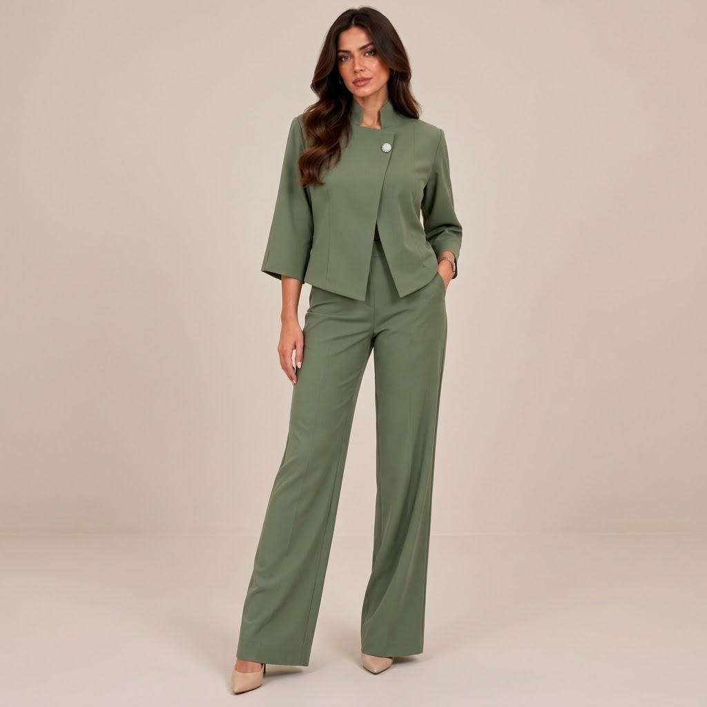 Conjunto de chaqueta asimétrica con broche y pantalón fluido - Verde (fondo neutro)