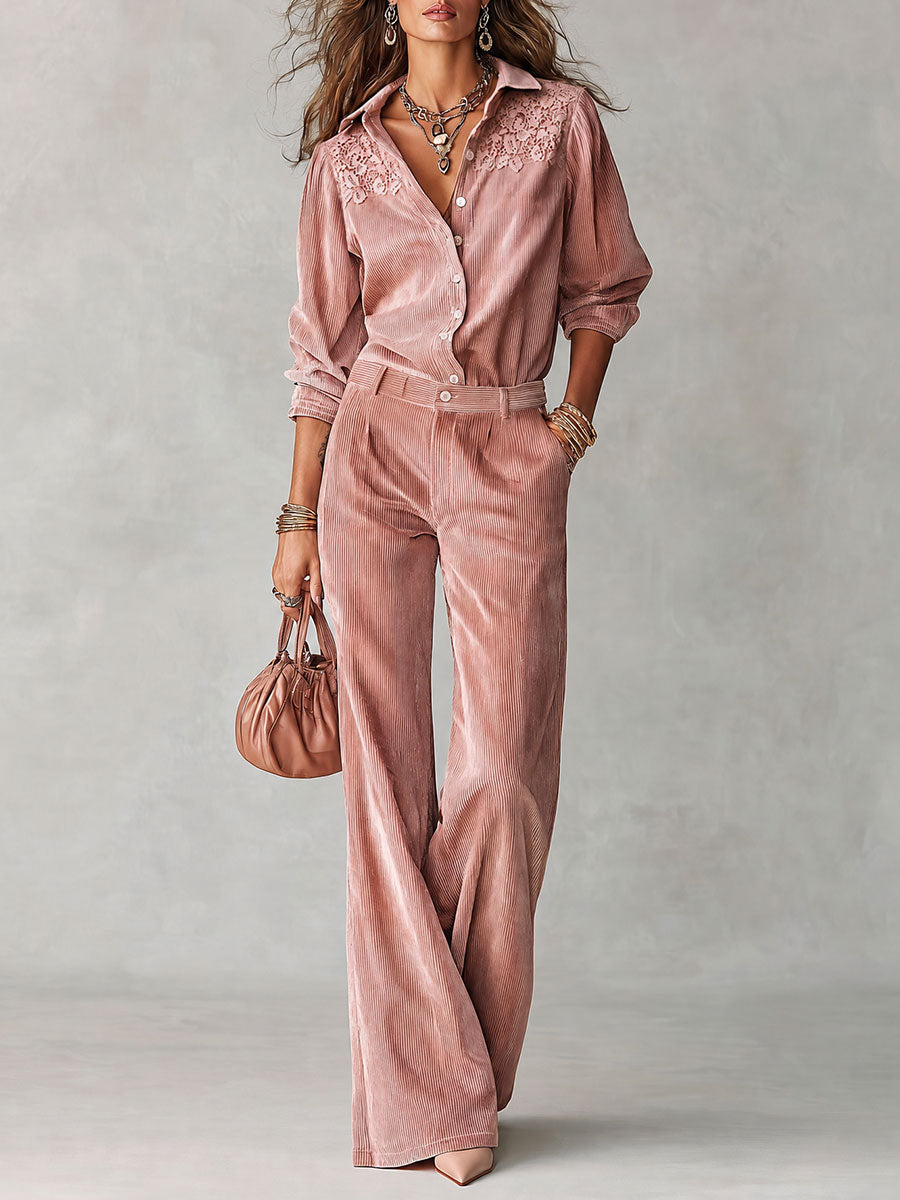 Conjunto boho de camisa de pana con encaje y pantalón ancho - Rosa