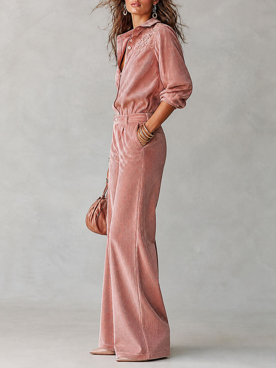 Conjunto boho de camisa de pana con encaje y pantalón ancho - Rosa