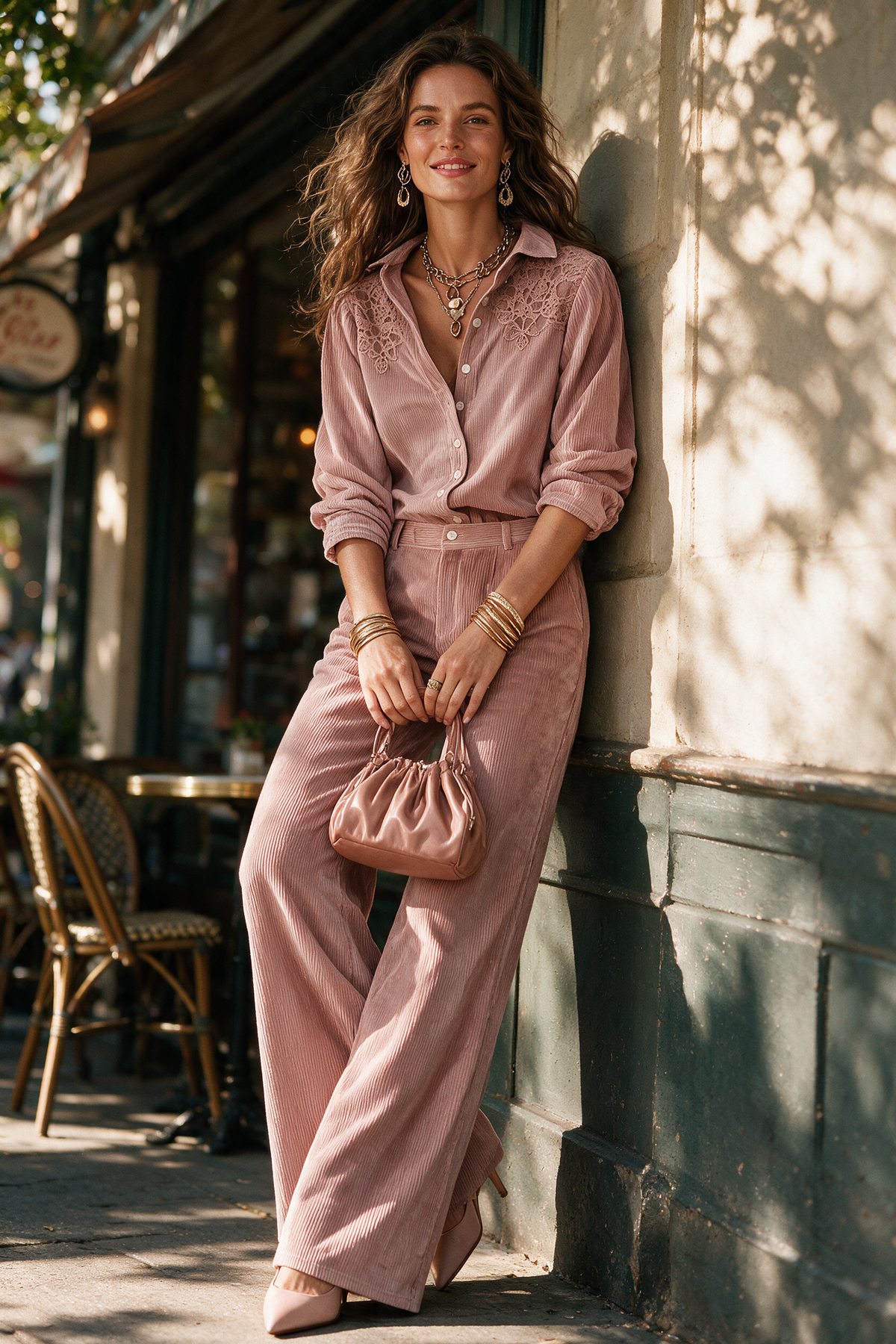 Conjunto boho de camisa de pana con encaje y pantalón ancho - Rosa