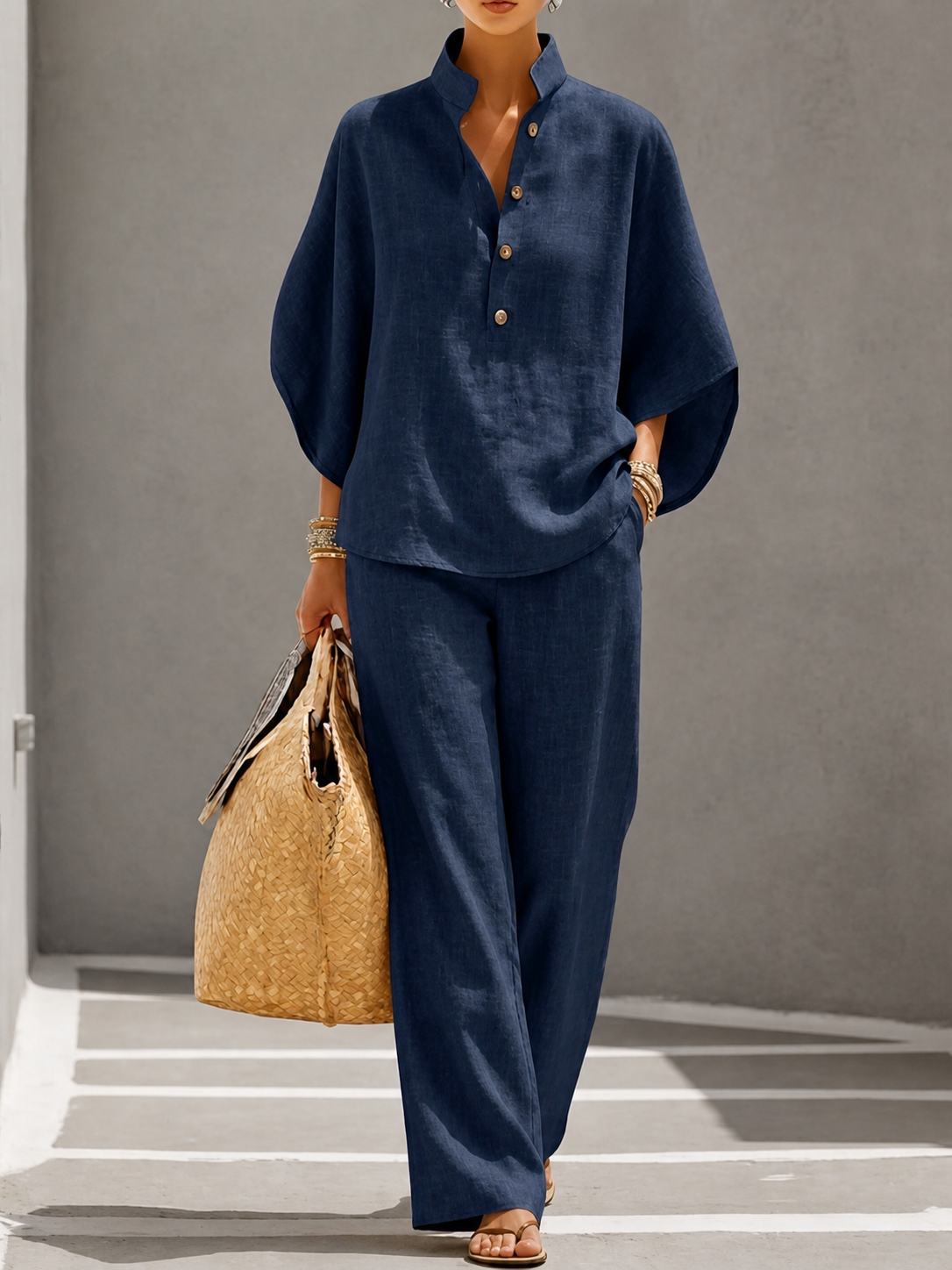 Conjunto de blusa fluida de manga murciélago y pantalón ancho - Azul marino