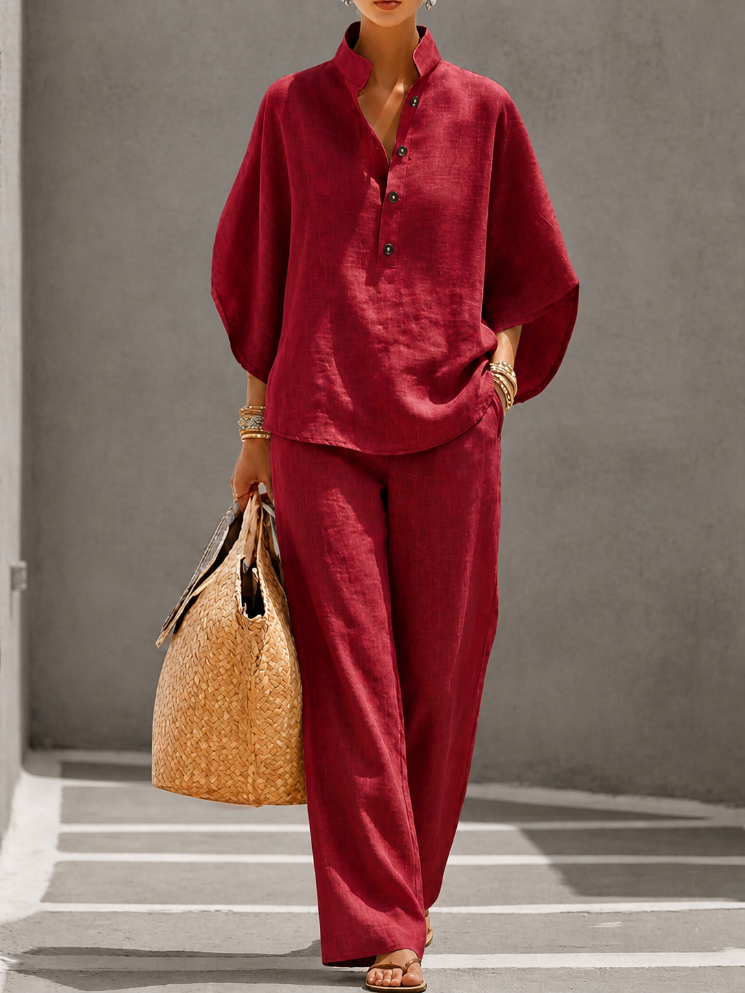 Conjunto de blusa fluida de manga murciélago y pantalón ancho - Rojo