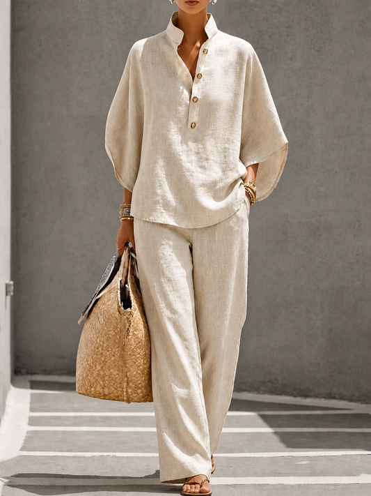 Conjunto de blusa fluida de manga murciélago y pantalón ancho - Beige