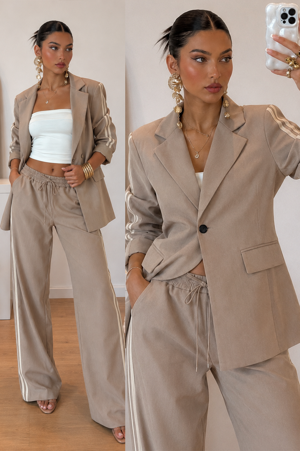 Conjunto blazer palazzo bicolor - Beige