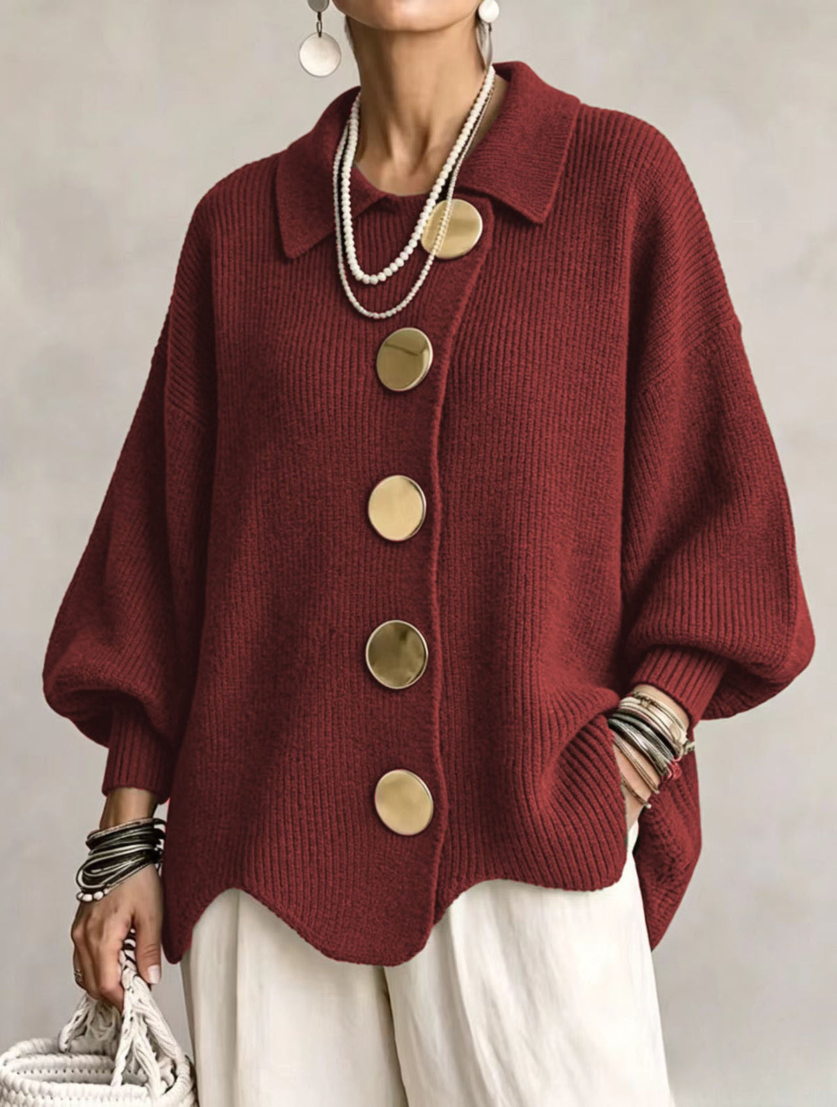 Cárdigan oversize de punto grueso con botones dorados - Rojo