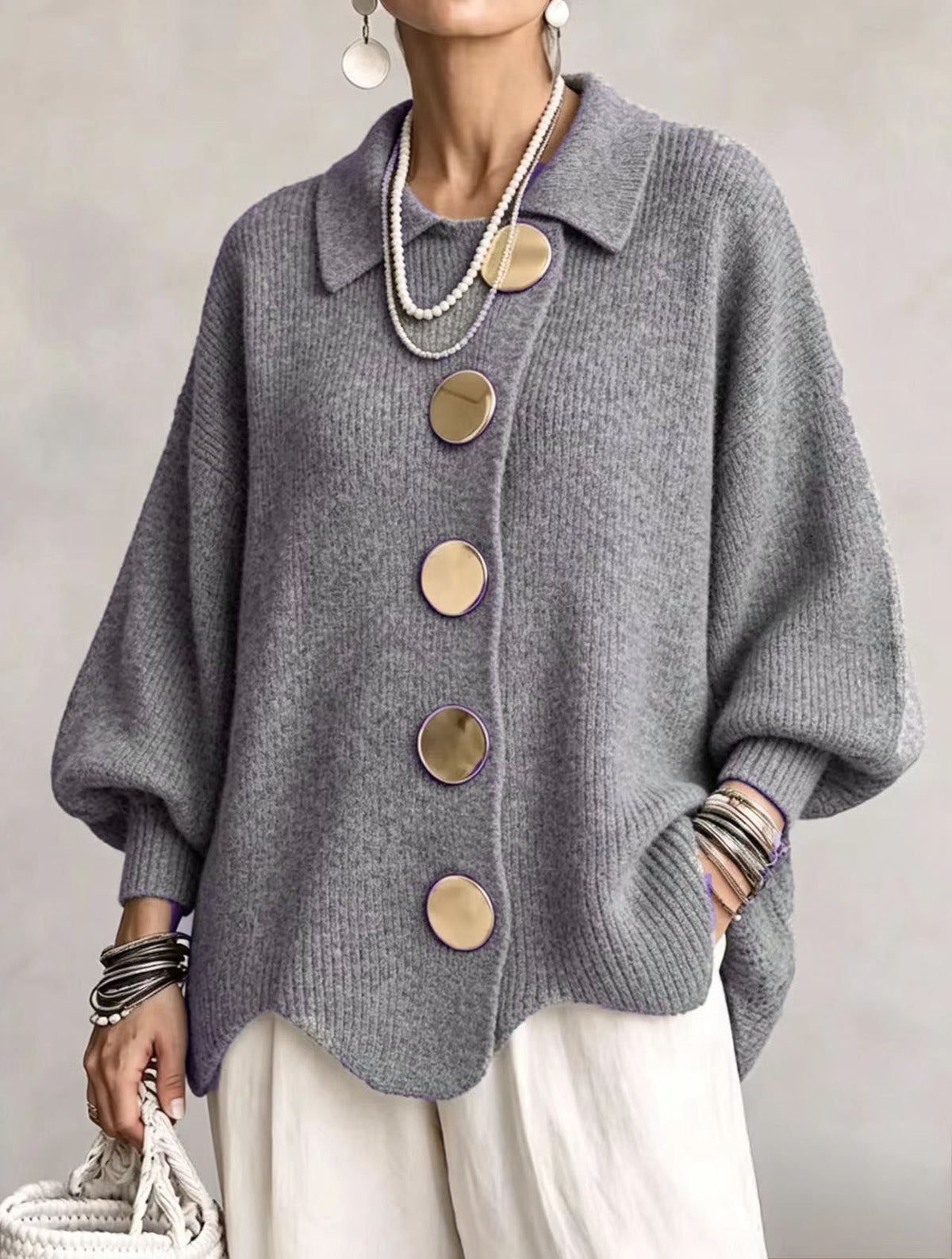 Cárdigan oversize de punto grueso con botones dorados - Gris