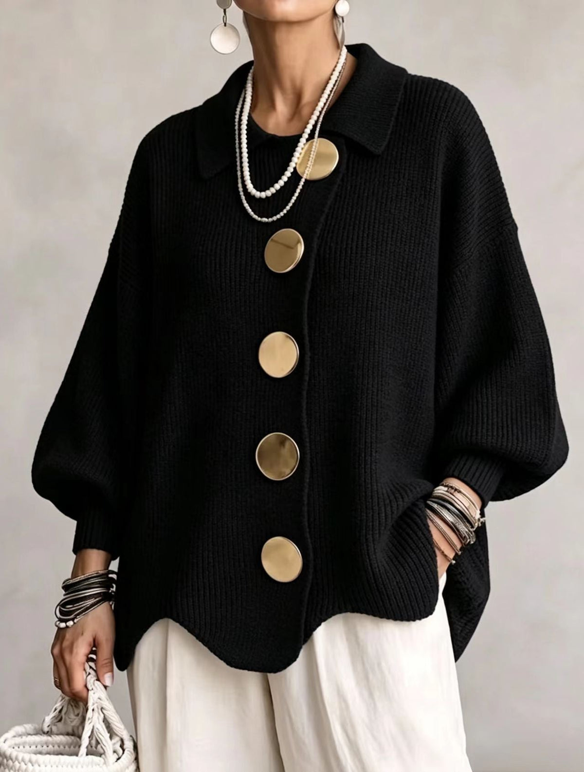 Cárdigan oversize de punto grueso con botones dorados - Negro