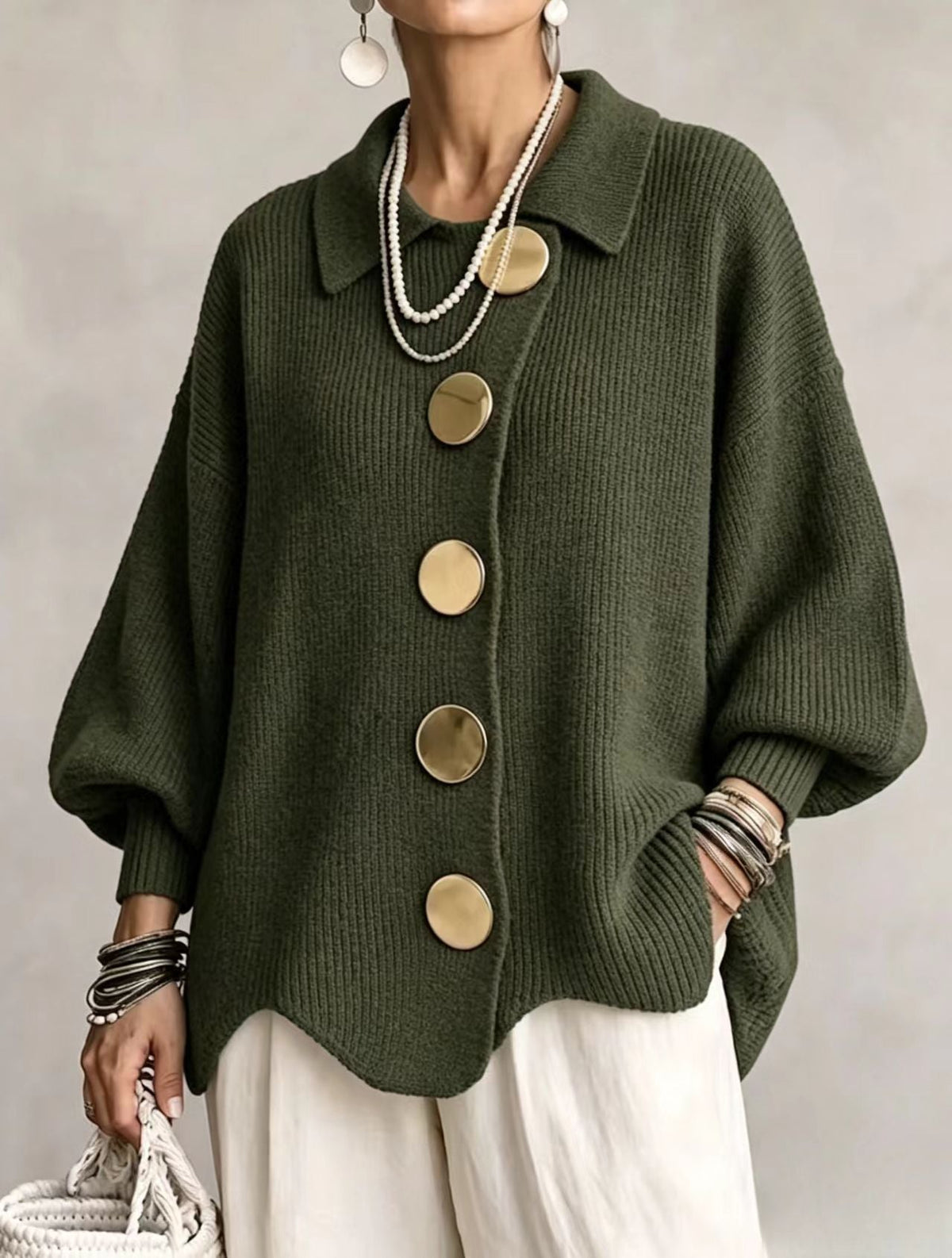 Cárdigan oversize de punto grueso con botones dorados - Verde oliva
