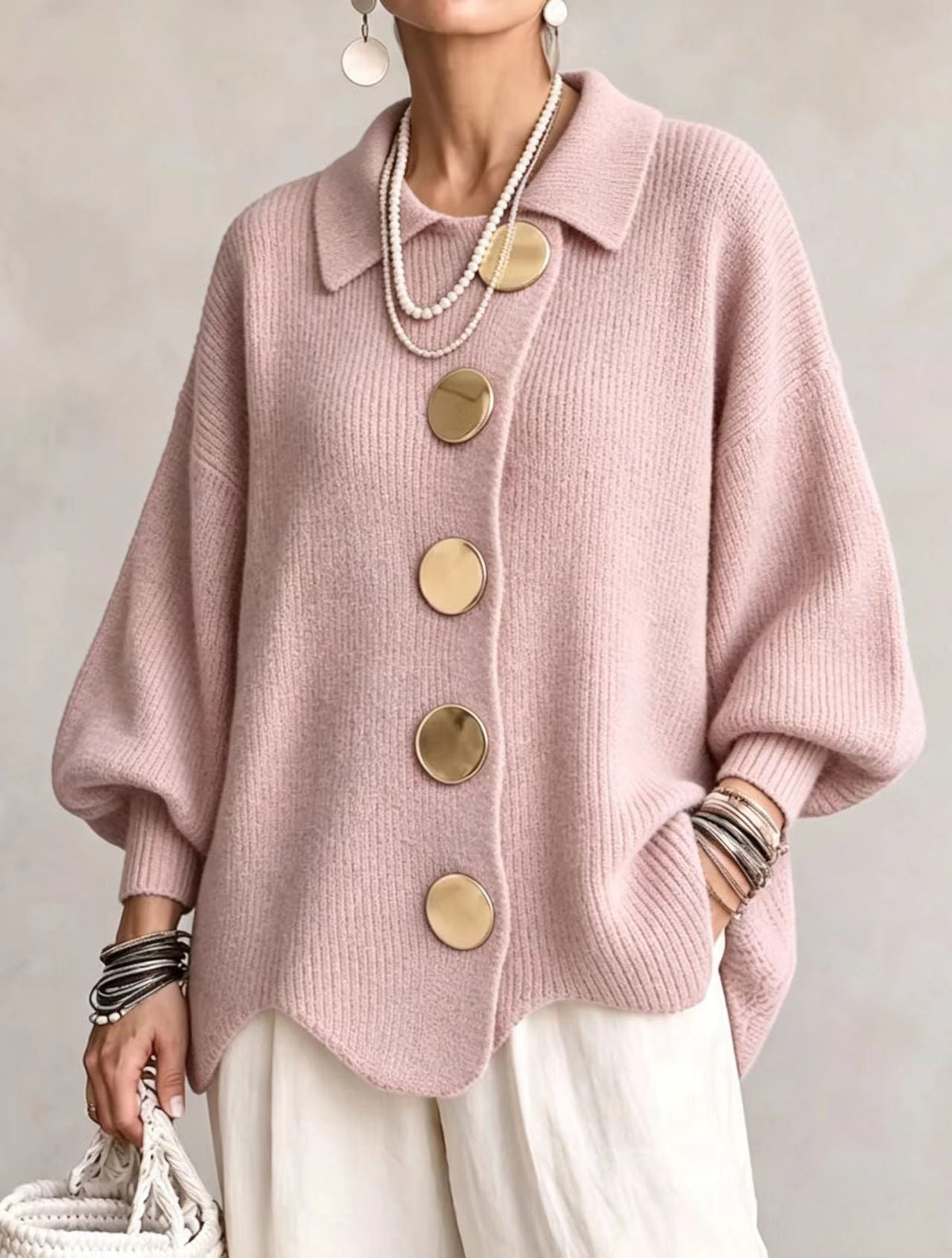Cárdigan oversize de punto grueso con botones dorados - Rosa empolvado