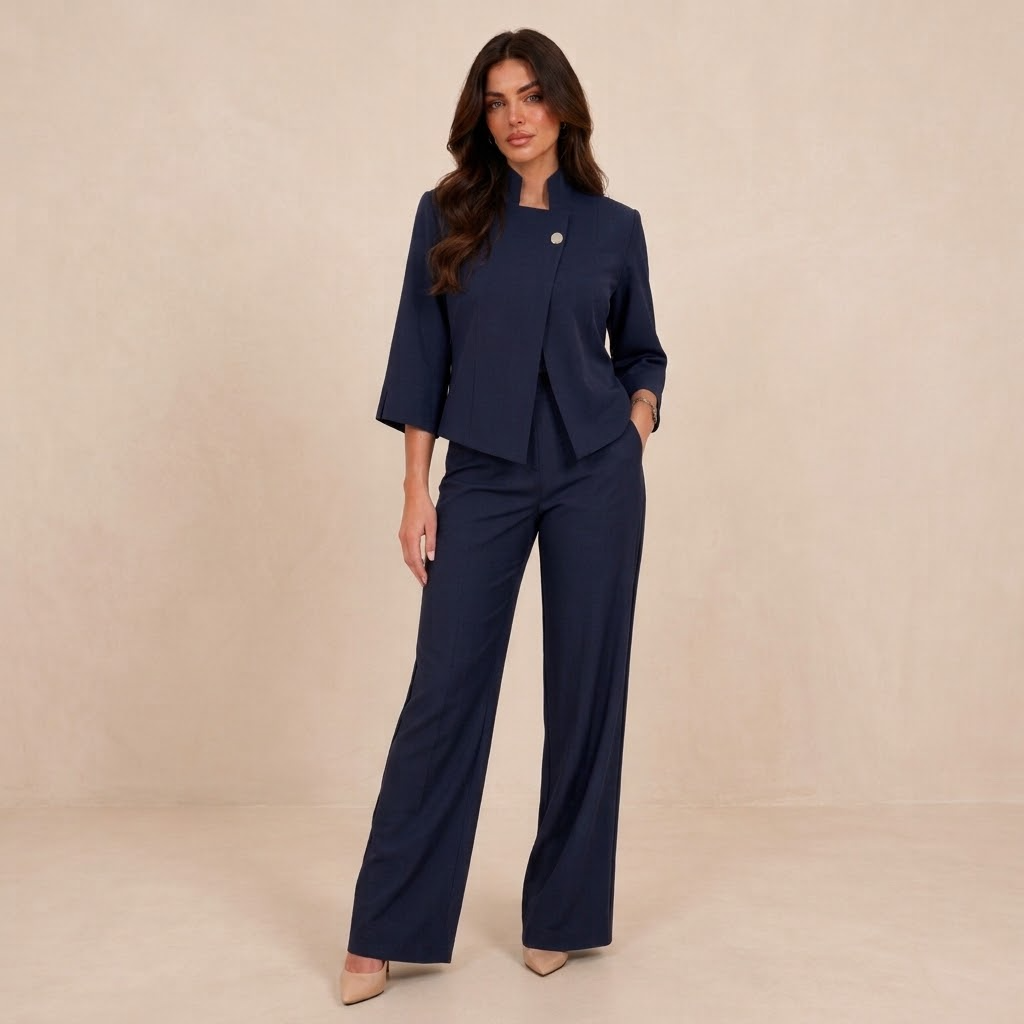 Conjunto de chaqueta asimétrica con broche y pantalón fluido - Azul (fondo neutro)