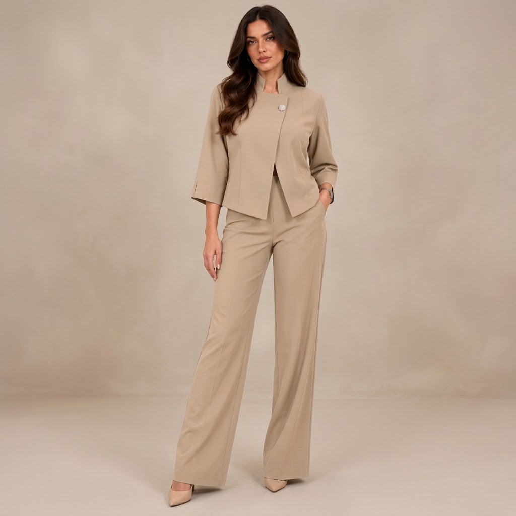 Conjunto de chaqueta asimétrica con broche y pantalón fluido - Beige (fondo neutro)