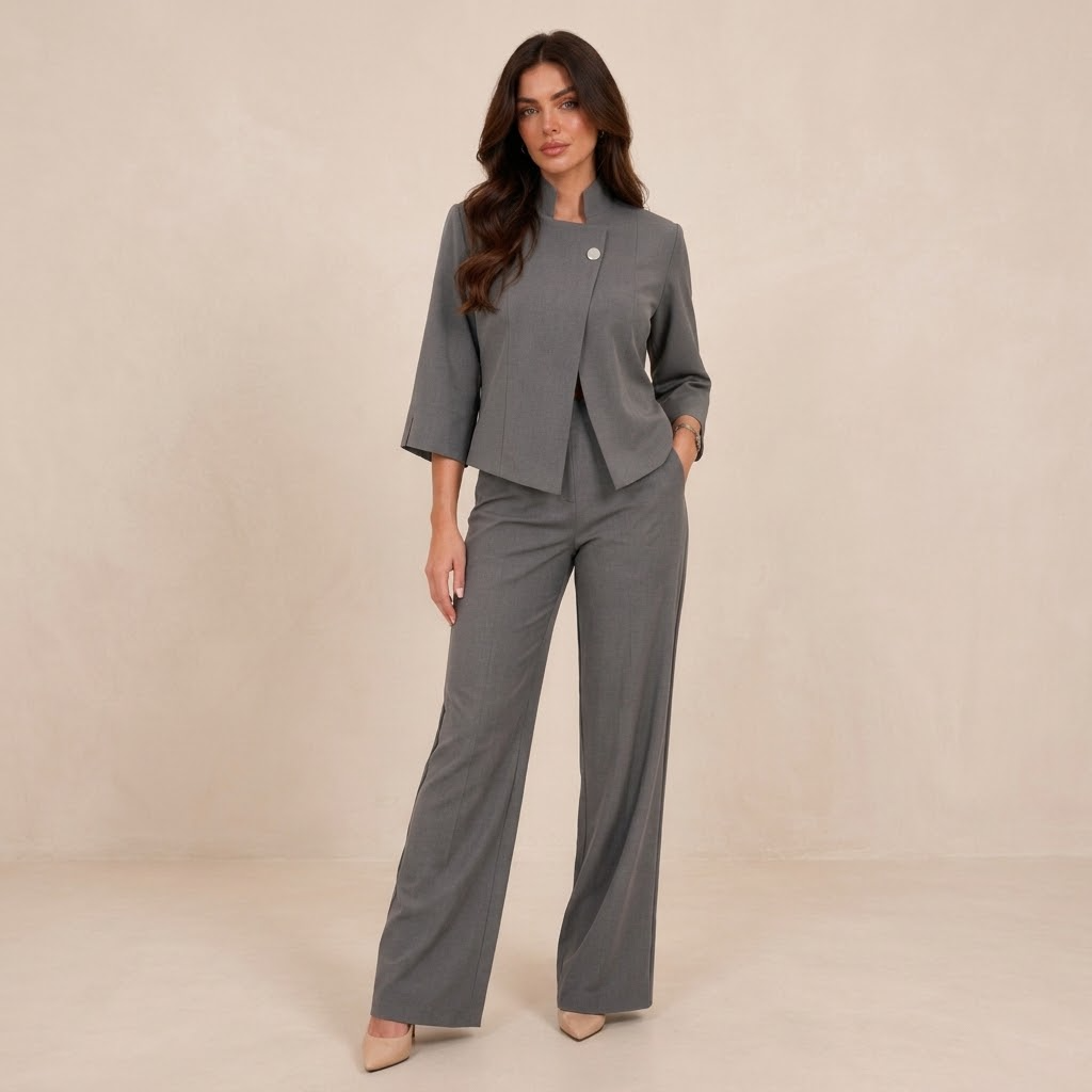 Conjunto de chaqueta asimétrica con broche y pantalón fluido - Gris (fondo neutro)