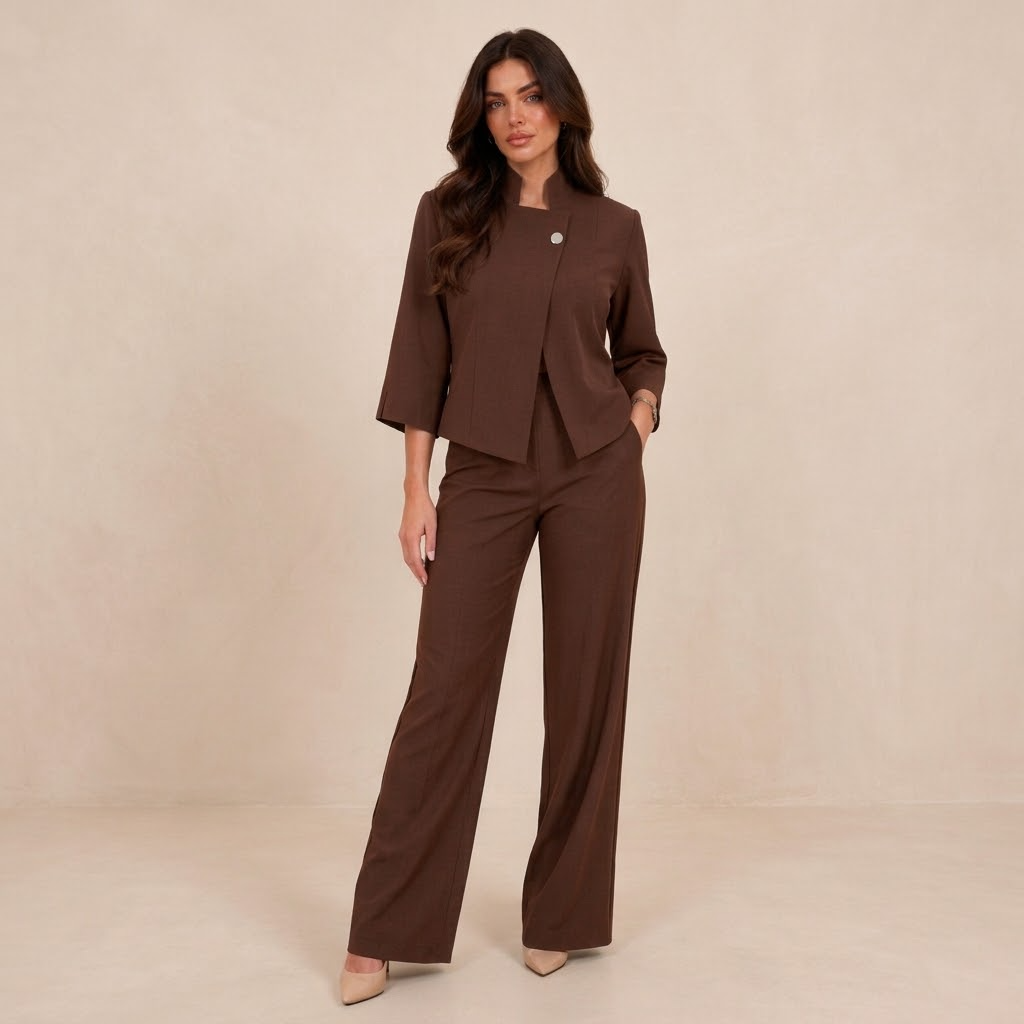 Conjunto de chaqueta asimétrica con broche y pantalón fluido - Marrón (fondo neutro)