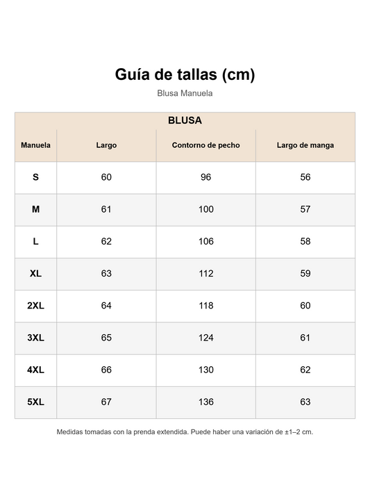 Guía de tallas Manuela