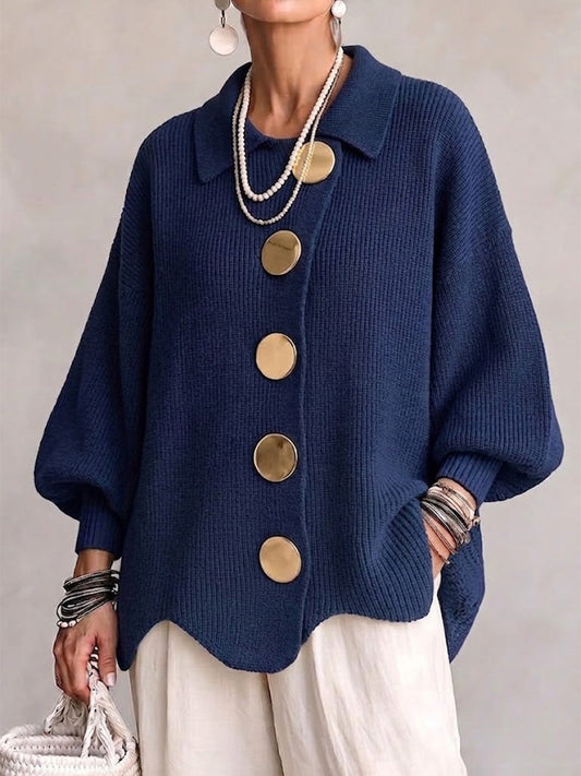 Cárdigan oversize de punto grueso con botones dorados - Azul marino